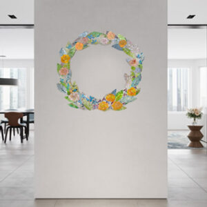 Stained glass mosaic wreath in an office setting