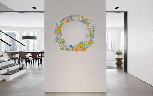 Stained glass mosaic wreath in an office setting